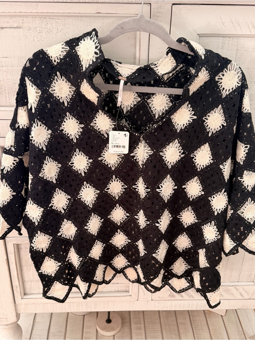 Free People Black and White Crochet Oversized V-Neck Top